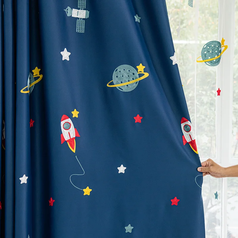 Baby Nursery Blackout Curtains - Navy Blue Cartoon Rocket Spaceship Blackout