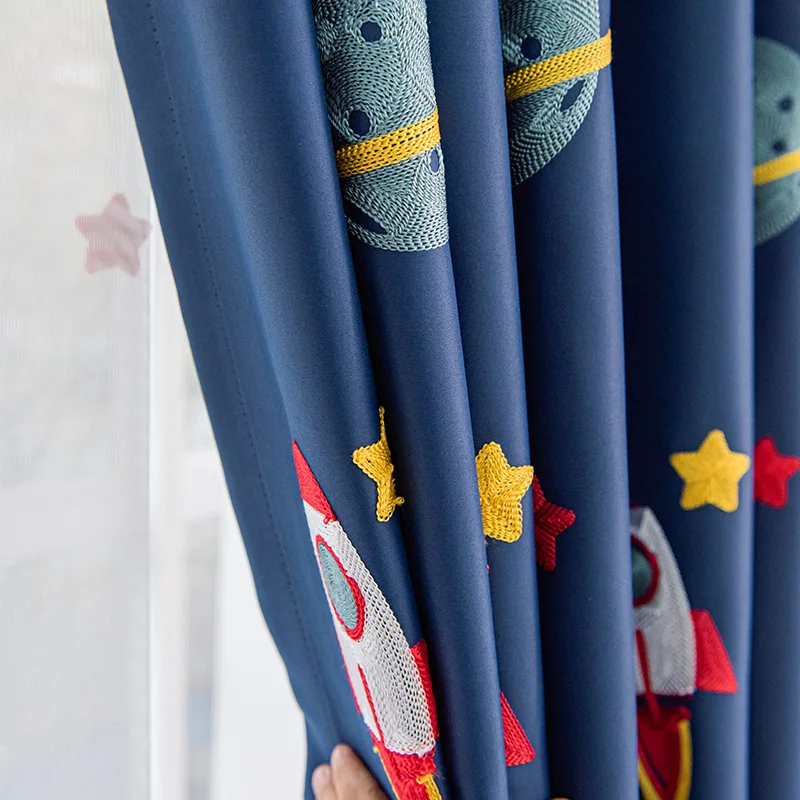 Navy Blue Cartoon Rocket Space - Baby Nursery Blackout Curtains 评论和价格